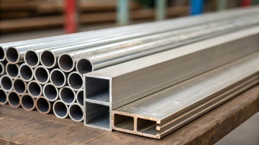 Two sections of aluminum square tube, one with a very thick wall and one with a thin wall, illustrating the difference in cross-sectional area.